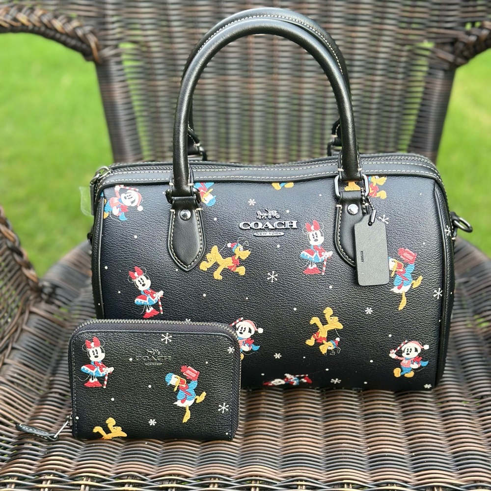 COACH Disney X Coach Rowan Satchel With Holiday Print Black and wallet 🥳 - Picture 2 of 15